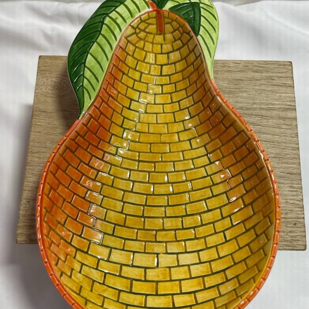 Clay Art Orange Yellow Brick Pattern Pear Dish Spoon Rest Ceramic Pear Trinket